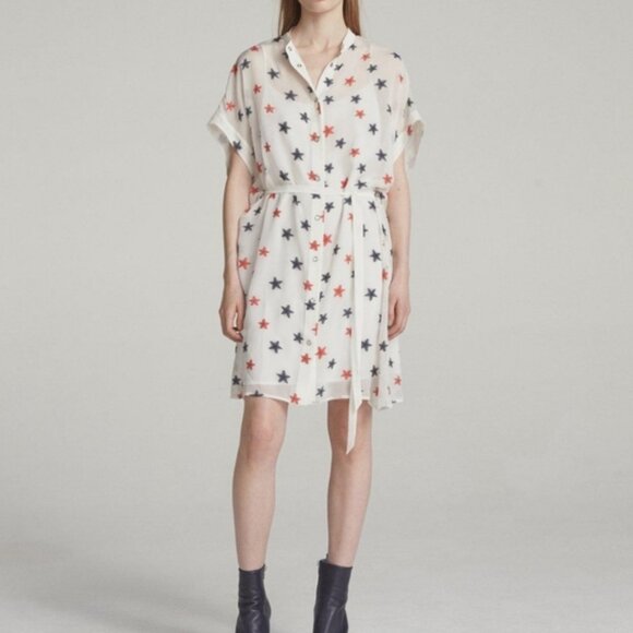 Rag & Bone Lary Sheer Shirt Dress Red Blue Stars Print Sheer Sz S 26649 - Picture 1 of 9